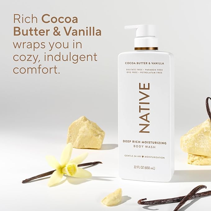 Native Moisturizing Body Wash, Cocoa Butter & Vanilla, 24-Hour Hydration for Dry & Sensitive Skin, Made with Real Shea Butter, Sulfate & Paraben Free, 22 oz