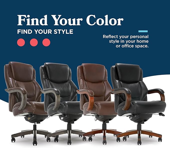 La-Z-Boy Delano Big and Tall Executive Office Chair - Ergonomic Lumbar Support Memory Foam - Bonded Leather Desk Chair for Home Office - Mahogany Wood Arms - Black