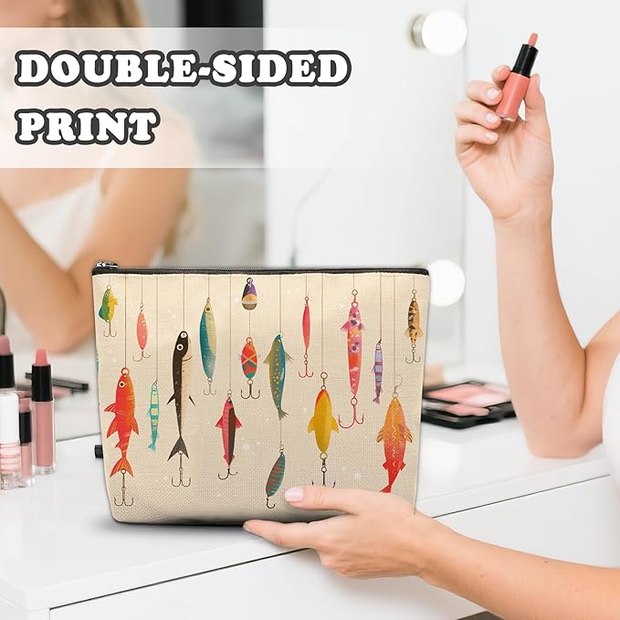 Fishing Makeup Bag, Fishhook Fishing Gifts For Women Men, Fishes Makeup Pouch, Travel Toiletry Bag With Zipper, Birthday Graduation Christmas Gifts For Men Women Coworkers Best Friend