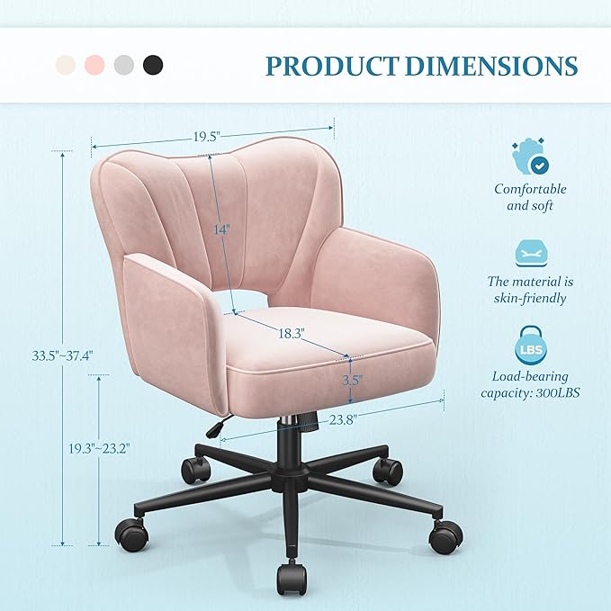 Vanity Chair with Wheels & Back,Pink Vanity Chair Adjustable Height Comfy Desk Chairs for Makeup, Work & Relaxation，Pink