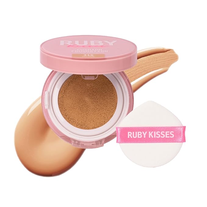 Ruby Kisses Cushion Foundation, Full Coverage Korean Makeup, Lightweight & Long Lasting, All Day Natural Glowy Finish for All Skin Types with Hyaluronic Acid & Bakuchiol (Golden, 0.52 Ounce)