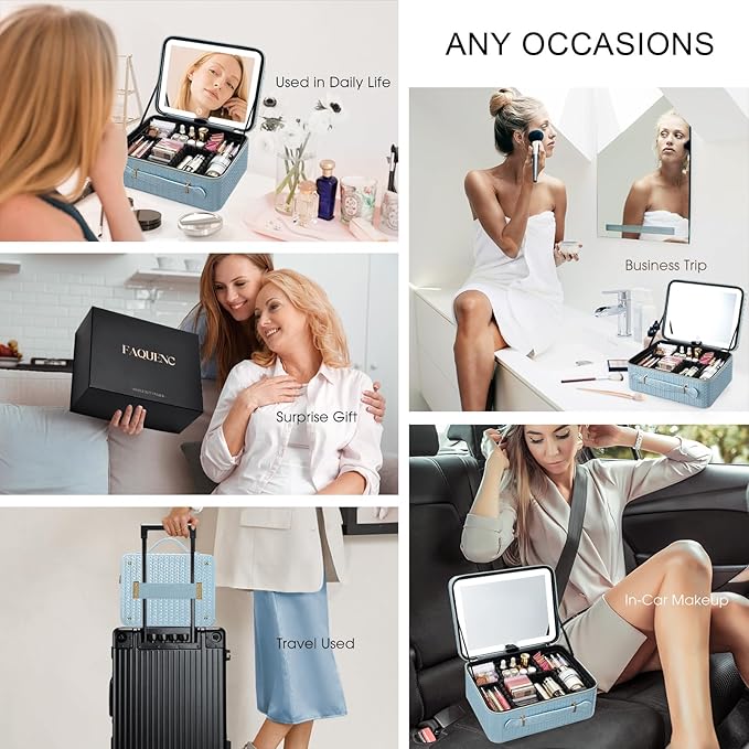 Leather Makeup Case with LED Lighted Mirror 11.4 Inch Travel Makeup Bag Adjustable Brightness in 3 Colors Cosmetic Organizer Artist Storage Bag with Dividers Brush Holder Bag Vanity Shiny Blue