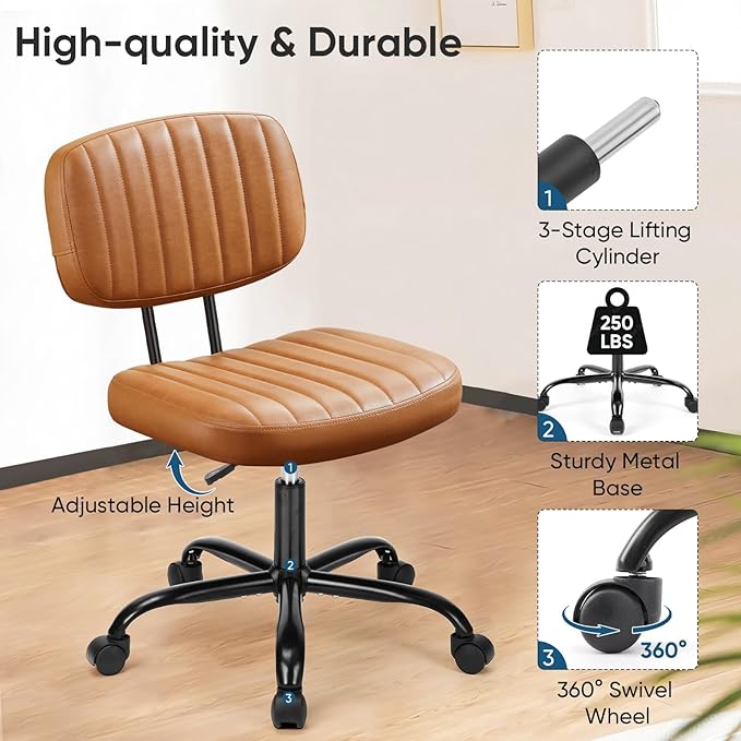 DUMOS Armless Small Home Office Desk Chair - Vanity Task Chair with Low Back, Height Adjustable PU Leather Swivel Computer Chair with 360° Rolling Wheels, Deep Brown