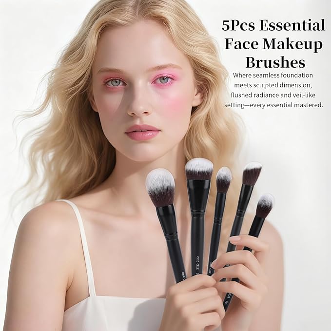 Makeup Brushes 5Pcs Face Makeup Brush Set - Synthetic Fiber Foundation, Blush, Powder, Contour Brushes with Wooden Handle for Flawless Makeup Application