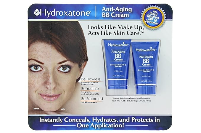Hydroxatone Anti-Aging BB (Beauty Balm) Cream, Universal Shade for ALL Skin Types, SPF 40 (BONUS Pack of 2, 1.5 ounce bottles)