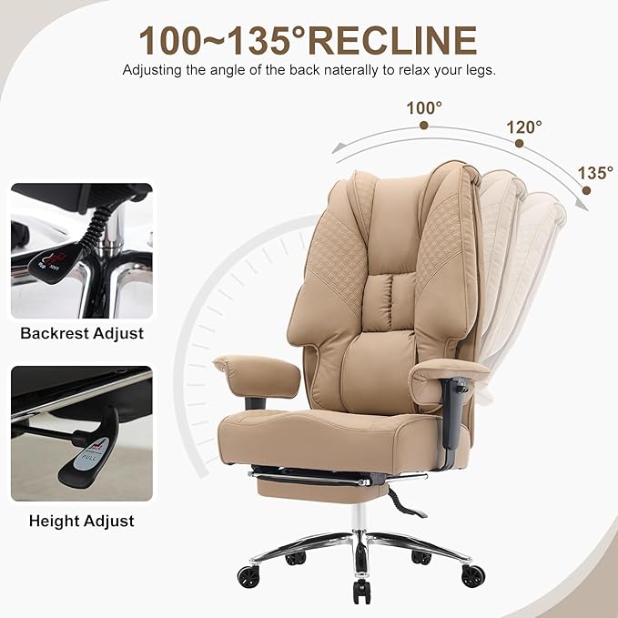 Big and Tall Office Chair 400lbs Wide Seat, Leather High Back Executive Office Chair with Foot Rest, Ergonomic Chairs Lumbar Support for Lower Back Pain Relief, All-Day Comfort (Brown)