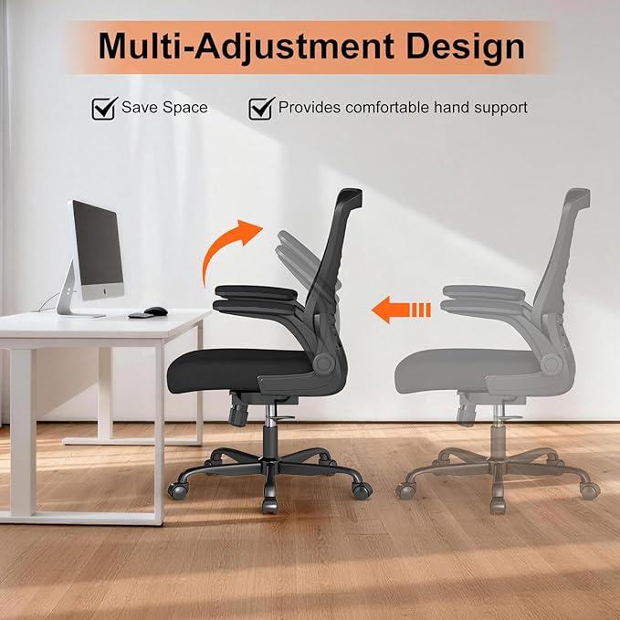 Ergonomic Office Chair – Comfy Mesh Desk Chair with Flip-Up Armrests & Silent Wheels, Adjustable Height Home Computer Chair, Breathable & Supportive for Long Hours Sitting