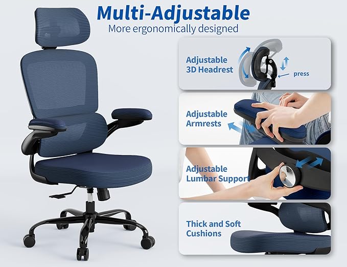 TRALT Ergonomic Office Chair - Desk Chair with Adjustable Headrest Lumbar Support Computer Chair - Mesh Comfy Chair with Flip-up Armrests - Gaming Chairs for Adults Home Office (Leather, Navy Blue)