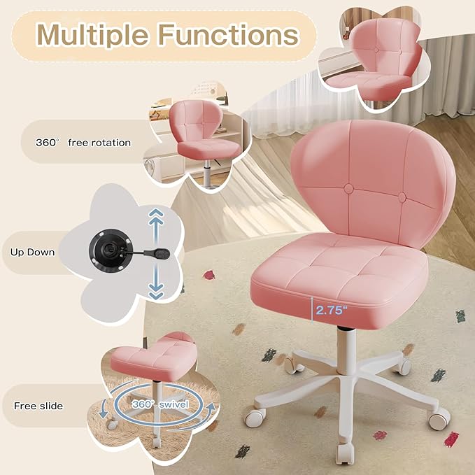 Vanity Chair with Back – Small Armless Office Chair with Wheels, Lumbar Support, PU Leather, Adjustable Height, 360° Swivel for Home, Bedroom, Office Pink Set of 2