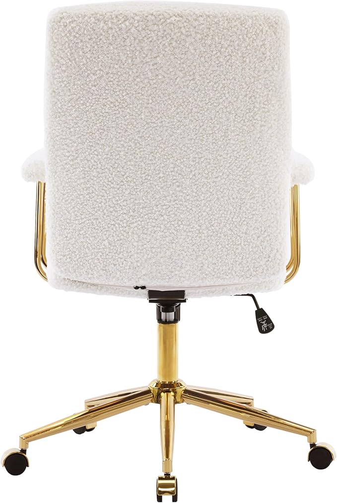 Elegant White and Gold Fuzzy Office Chair with Textured Boucle Fabric, Modern Desk Chair with Padded Seat, Height Adjustable with Durable Gold Base