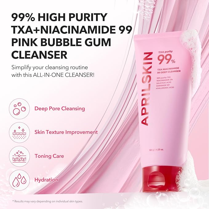 APRILSKIN TXA Affordable Daily Skincare set: TXA Niacinamide 99 Pore Care Pink Bubble Gum Deep Cleanser and TXA Niacinamide 99 Pink Milky Toner