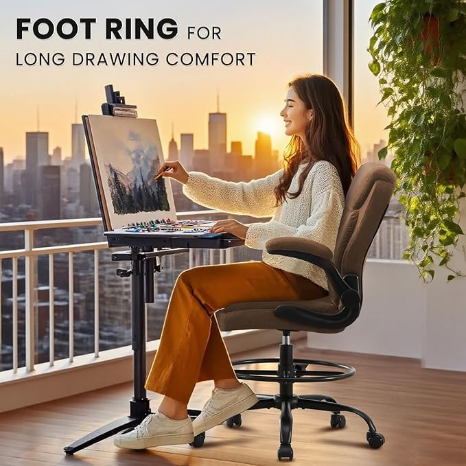 Drafting Chair for Standing Desk – Tall Office Chair with Adjustable Height & Foot Ring, Flip-Up Arms, Lumbar Support – Comfortable Fabric Seat, Ideal Home Desk Chair