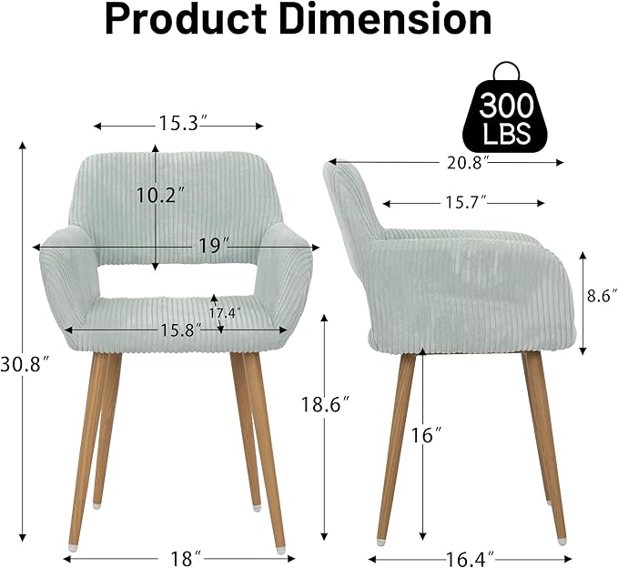 KCC Small Modern Dining Room Arm Chairs Set of 2, Mid-Century Upholstered Corduroy Fabric Side Seat Club Guest with Metal Tube Legs for Kitchen, Living Room, Blue