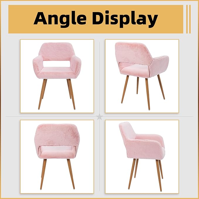 Furry Desk Chair, Modern Home Office Chair Without Wheels, Faux Fur Vanity Chair with Hollow Backrest, Comfy Armchair Wood Frame with Strudy Metal Legs, Pink
