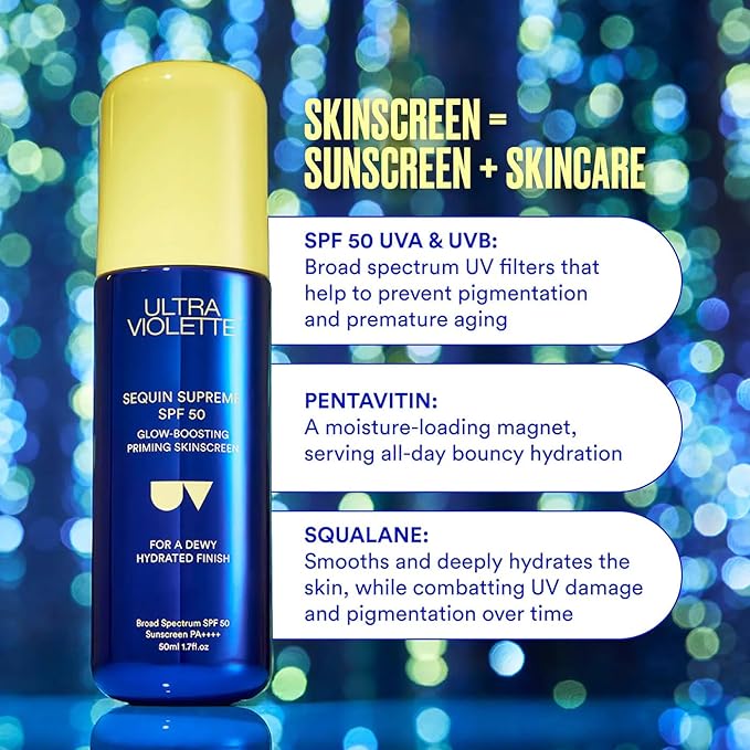Ultra Violette Sequin SPF 50 Glow-Boosting Facial Sunscreen – Moisturizer & Makeup Primer with Squalane
