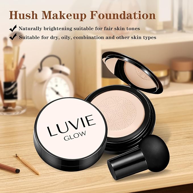 Cushion Foundation/Mushroom Head Air Cushion BB Cream/Long Lasting Hydrating Light Coverage for All Skin Types, Natural Color/Luvie (Lvory)