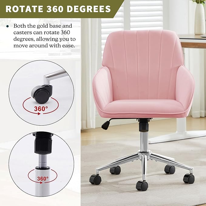 Velvet Home Office Desk Chair, Modern Cute Computer Task Chair with Back, Height Adjustable Upholstered Vanity Chair with Swivel Wheels for Women, Girls (Silver Base, Pink