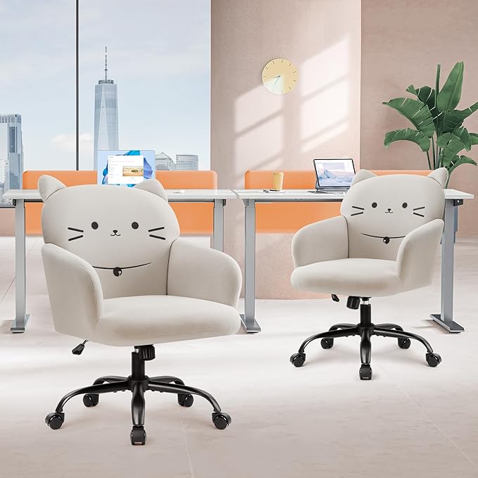 IWMH Home Office Chair Wide Seat Desk Chair Cute Velvet Swivel Vanity Chairs Cat Themed Computer Task Chairs with Wheels Upholstered Modern Accent Armchair for Living Room Bedroom Study Makeup White