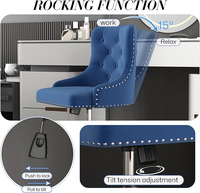Velvet Armless Home Office Desk Chair, Swivel Height-Adjustable Small Cute Vanity Chair for Women/Girls, Comfy Makeup Chair with Rivet and Gold Base for Living Room, Bedroom(Blue)
