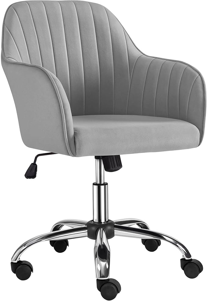 Yaheetech Modern Velvet Vanity Desk Chair Height-Adjustable Swivel Computer Armchair for Makeup Room Living Room Bedroom Light Gray