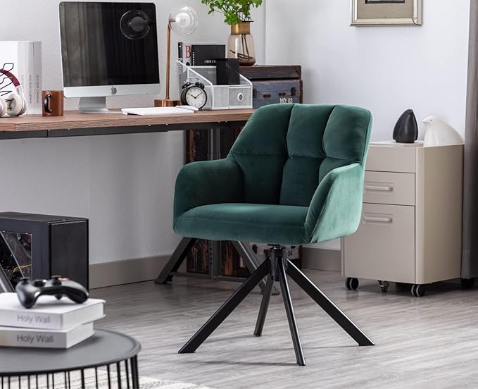 EALSON Comfy Velvet Desk Chair Modern Computer Task Chair no Wheels Swivel Accent Chair with Mid Back Arm Chair for Living Room/Bedroom/Home Office(Green)