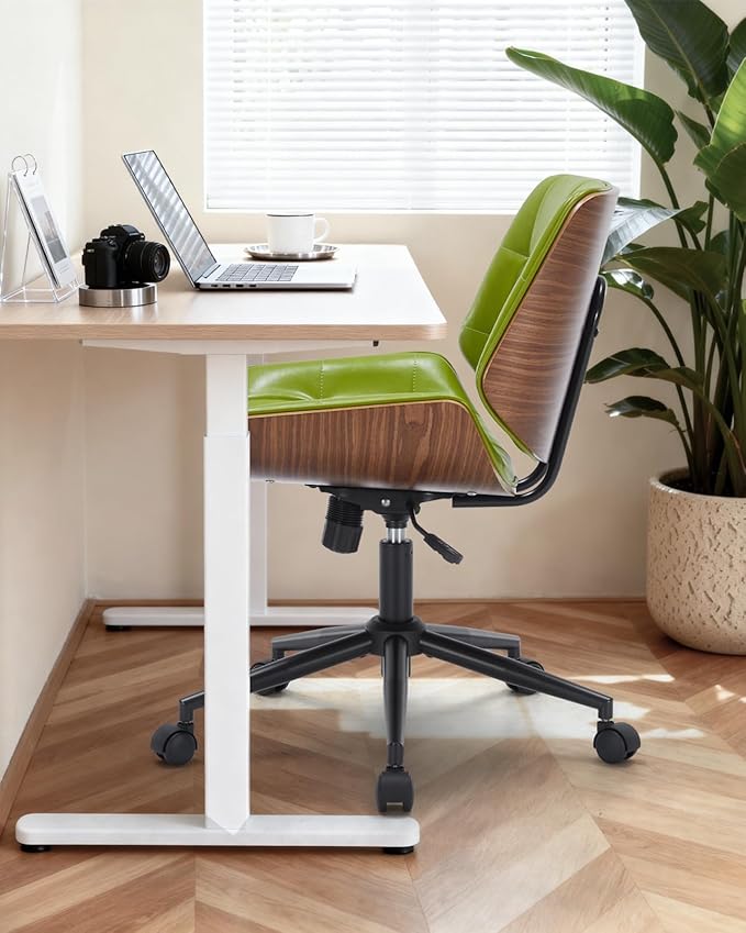 Mid-Century Modern Home Office Chair,Accent Ergonomic Desk Chair with Walnut Finish&PU Leather,Armless Executive Computer Chair with 360° Swivel Rolling Wheels for Vanity, Bedroom&Workspace (Green)