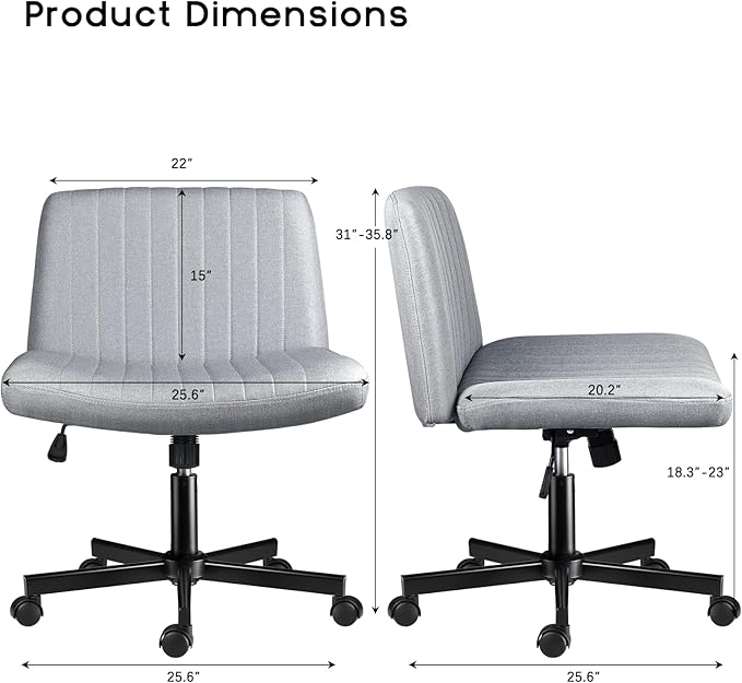 PUKAMI Criss Cross Chair,Comfy Cross Legged Office Desk Chair No Wheels,Modern Fabric Swivel Adjustable Height Mid Back Wide Seat for Home Office Computer (Grey with Wheels)