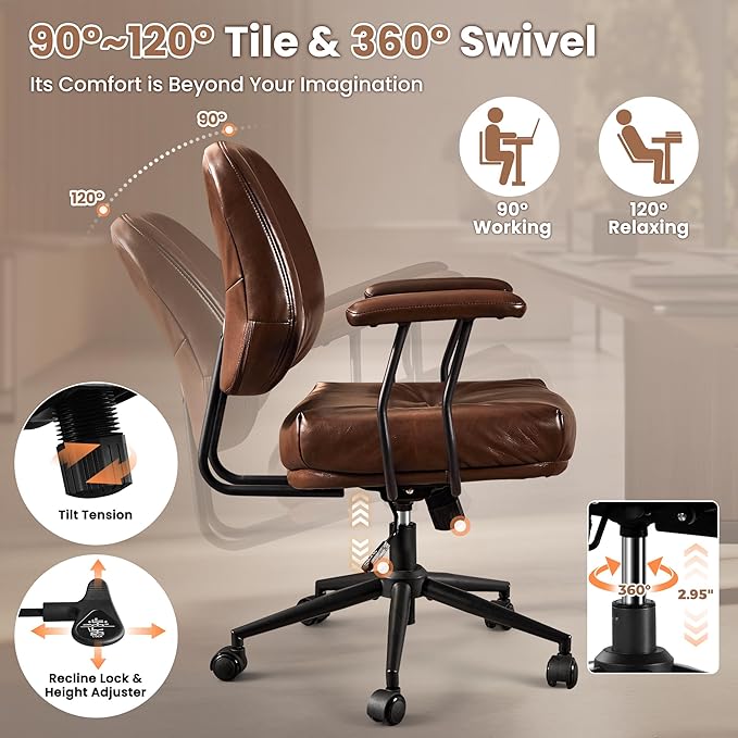 ovios Ergonomic Office Chair, Mid Back Faux Leather Executive Chairs with Thick Cushion, Comfy Mid-Century Modern Swivel Rolling Computer Armchair (Dark Brown, PU Leather)