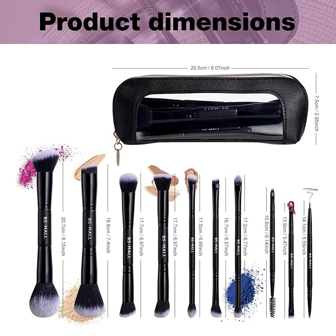 BS-MALL Double-ended Makeup Brush Set With Concealer Brush & Foundation Brush, Eyeshadow Brush- Travel-friendly Multi-purpose Brushes In Makeup Bag For Daily Use (10 PCS Black)