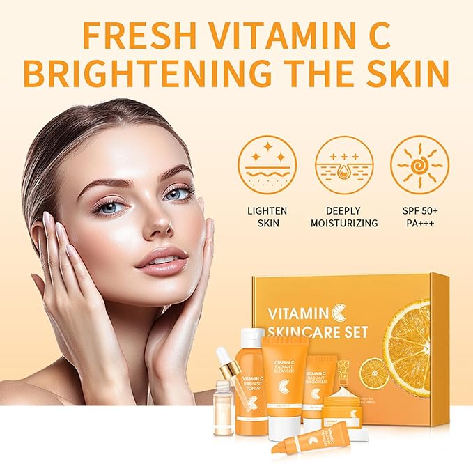 Skin Care Set, Vitamin C Facial Kit for Women, Face Skin Care Kit with Facial Cleanser, Face Serum, Face Cream, Eye Cream, Toner, Sunscreen for Hydrating Skin