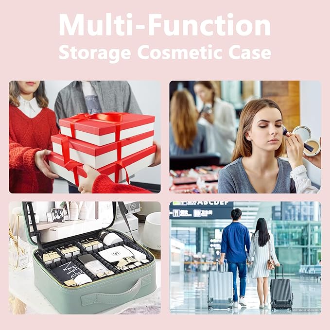 Makeup Bag with Mirror,with Mirror 3 Color Setting and Detachable 10x Magnifying Mirror Large Vanity Makeup Cases,Portable Storage and Adjustable Dividers, for Women and Makeup Artists-Pink