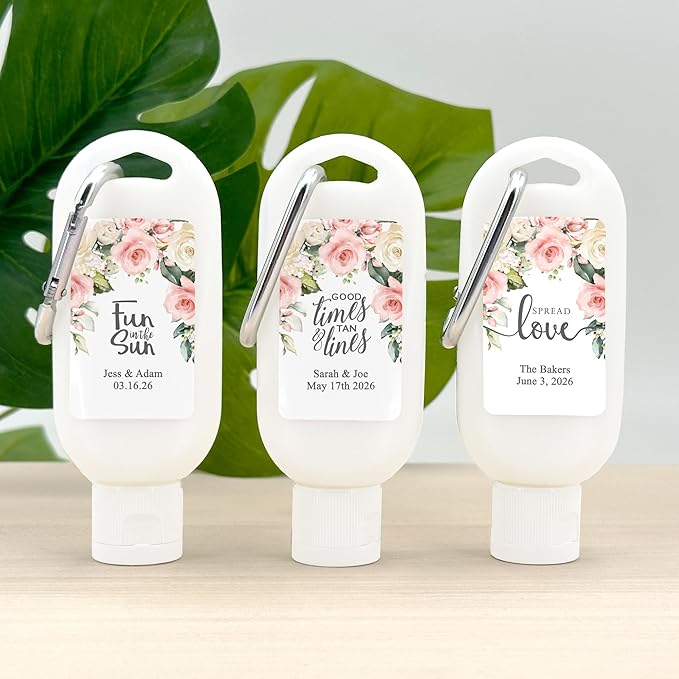 Personalized Sunscreen with Carabiner SPF 30, Custom Sunscreen for Wedding Favors, Party Favors, Garden Wedding, Pink Rose Favor, Bridal Shower Favors, Bachelorette Gift (Set of 12)
