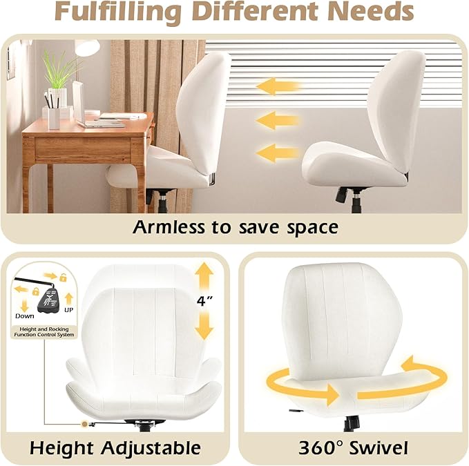 Criss Cross Chair with Wheels, Wide Cross Legged Office Chair Armless Comfy Desk Chair with Tall Back Vanity Chairs with Stress Relief Curved Design Seat for Bedroom & Office & Home Ivory White