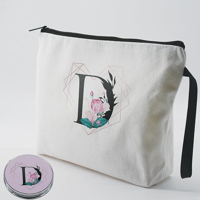 Personalized Initial D floral Makeup Bag set with Mirror for Women,White Ietter Bride Bridesmaid travel Cosmetic bag kit with10 pieces pink brush set,Initial Gifts for Girls Mom femal Friends
