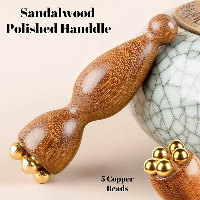 Mini Ice Roller, Sandalwood Facial Massage Tool, 5 Copper Beads for Face and Eyes, Travel Size