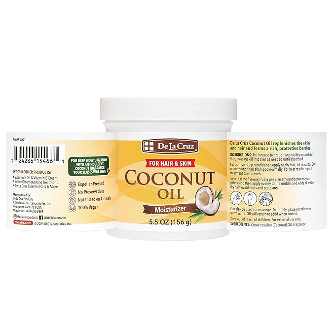 De La Cruz Coconut Oil - Expeller Pressed Coconut Oil for Skin and Hair - Natural Moisturizer for Skin and Hair Jumbo Jar - 5.5 oz