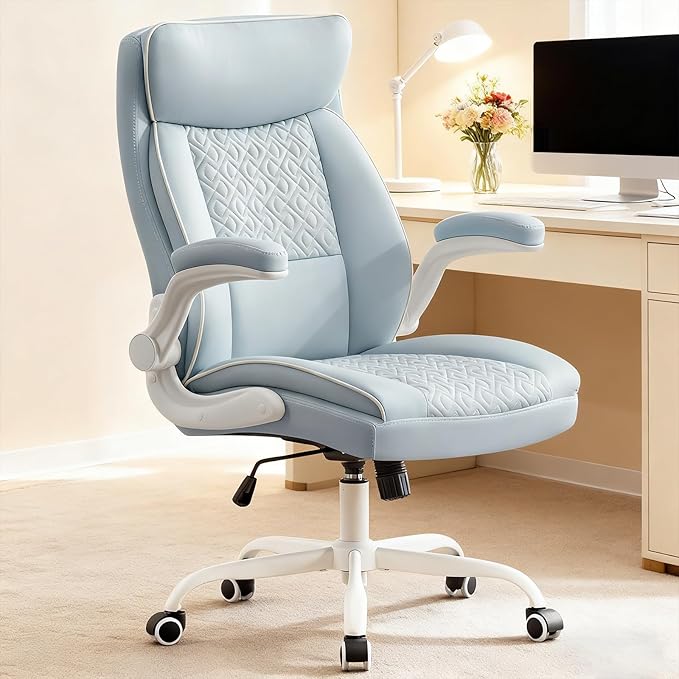 Executive Office Chair with High Back, Computer Desk Chair with Lumbar Support,Comfortable Leather Home Office Chairs 400lbs with Padded Flip-up Armrests, Adjustable Height,Tilting, LightBlue