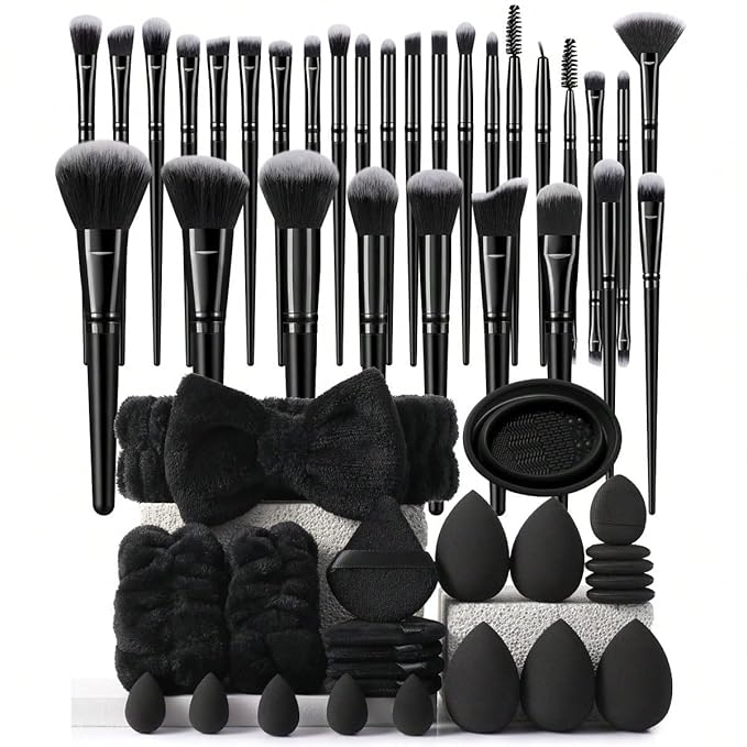 Professional Comfort Makeup Tool Set, 54pcs/set Brush & Today Sponge & Powder Puff & Headband & Brush Cleaning Bowl, Multi-sue Facial Makeup & Cleansing Accessories (black)