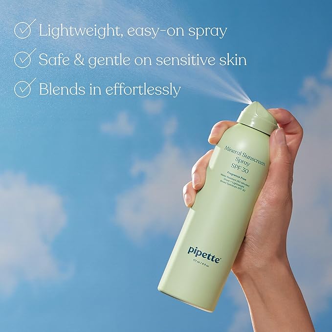 Pipette Baby Mineral Sunscreen Spray SPF 30, 6 oz, Water-resistant Non-nano Zinc Oxide Mineral Sunscreen, UVB/UVA Sunblock for Kids, Safe for Sensitive Skin | Baby, Broad Spectrum, Water Resistant, UVB/UVA, Non-Toxic, Sun Protection