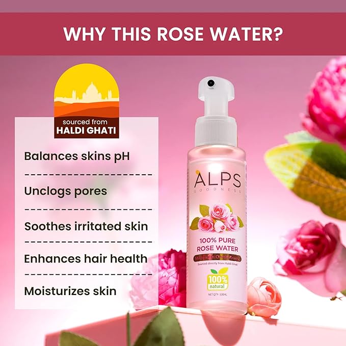 100% Pure Rose Water Facial Mist | Natural Face Toner & Hydrating Spray for Dry, Dull Skin | Refreshes, Soothes & Preps Skin | for All Skin Types | 3.38 Fl Oz (100ml)