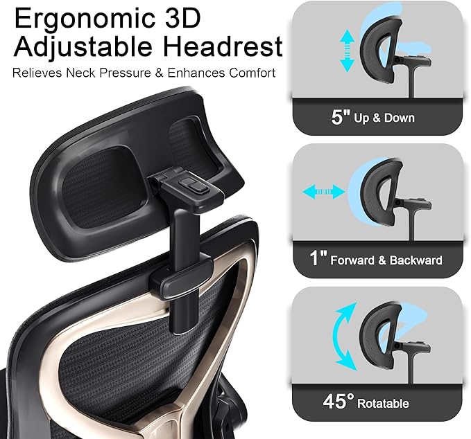 Ergonomic Office Chair, Mesh Desk Chair with Headrest, Lumbar Support, Thick Seat Cushion, Flip-up Arms, High Back Computer Task Chairs for Home Office, Black/Gold