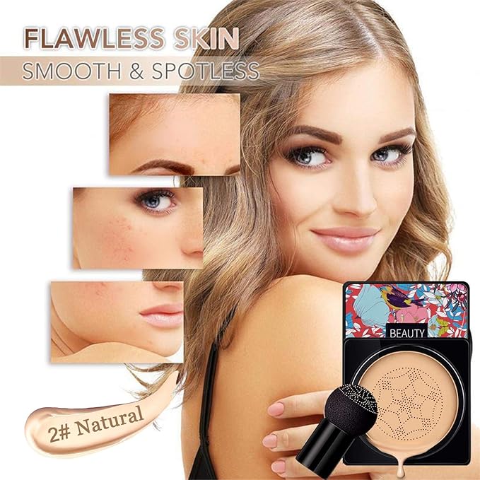 NUIBO 2PCS Air Cushion CC Cream Mushroom Head, Moisturizing Concealer Makeup Base, Primer Liquid Foundation Long Lasting with Two Mushroom Makeup Sponges 【Natural X 2】