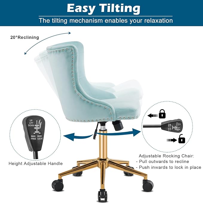 VINGLI Light Blue Armless Home Office Desk Chair with Gold Base/Wheels, Small Cute Vanity/Makeup Chair with Back for Bedroom, Upholstered Adjustable Rolling Swivel Nail Chair for Women/Girls
