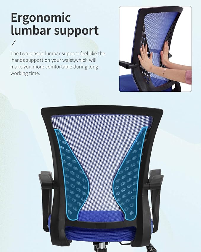 Home Office Chair Mid Back PC Swivel Lumbar Support Adjustable Desk Task Computer Ergonomic Comfortable Mesh Chair with Armrest (Blue)