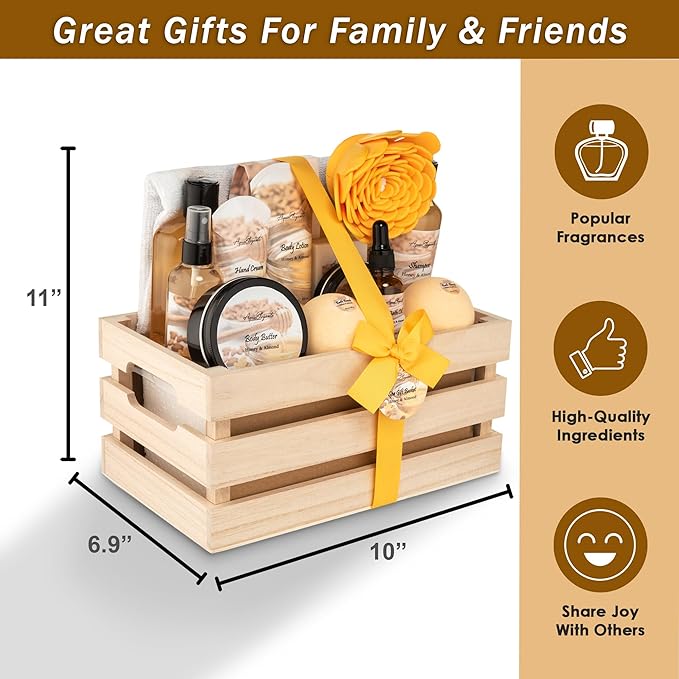 Bath Spa Gift Sets - Luxury Basket With Honey & Almond - Spa Kit Includes Wash, Bubble Bath, Lotion, Bath Salts, Body Scrub, Shower Puff, Bathbombs, Soap and Towel