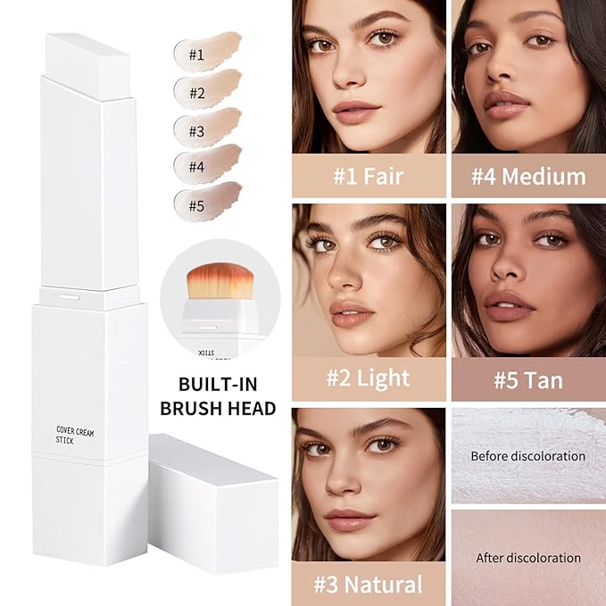Color-Changing Foundation Stick, Dual Head Cover Cream with SoftBrush, Medium to Full Coverage Dewy Finish,Hydrating Lightweight,Blur Pores Even Skin Tone for All Skin Types, #5 Tan