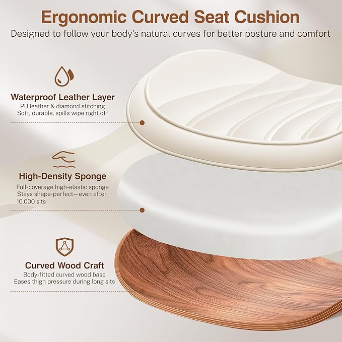 Ergonomic Armless Office Desk Chair - Mid-Century Modern White Faux Leather with Diamond Stitch, Adjustable Height Swivel Rolling Task Computer Chair with Walnut Accent for Home Office, Study & Work