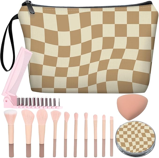 Personalized Brown Checkered Makeup Bag set with Mirror for Women, Checkered Travel Cosmetic bag kit with10 pieces pink brush set，Brown Plaid Gifts for Girls Mom Femal Friends