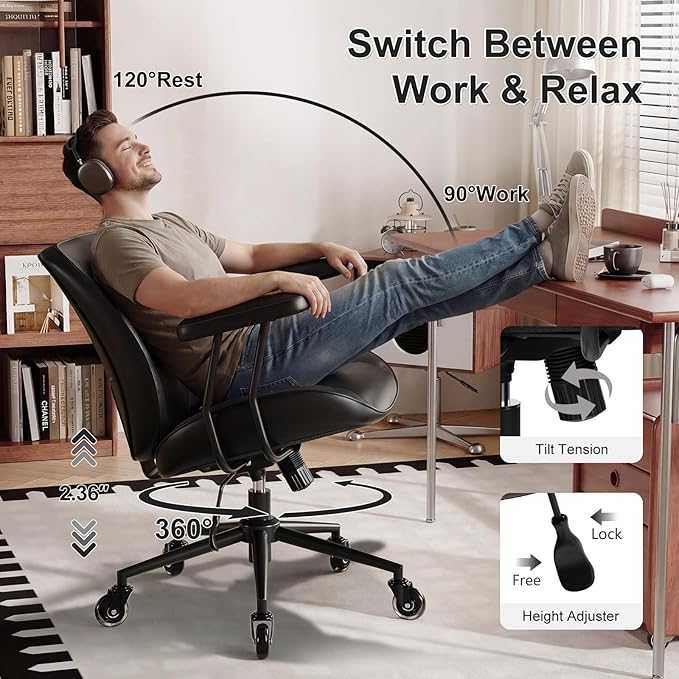 BFZ Home Office Desk Chair, Adjustable Comfy Desk Chair with Wheels, Comfortable Ergonomic Office Chair, Criss Cross Office Desk Chair with Back for Vanity,Home Office or Workspace, Black Leather