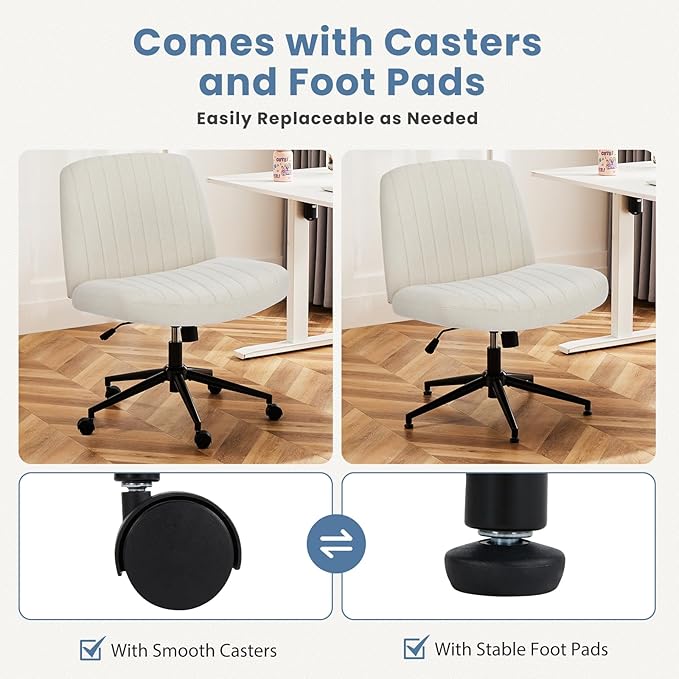DUMOS Criss Cross Chair with Wheels, Legged Office Armless Wide Desk Seat Dual-Purpose Base, Adjustable Swivel Fabric Task Vanity Home Office Desk Seating